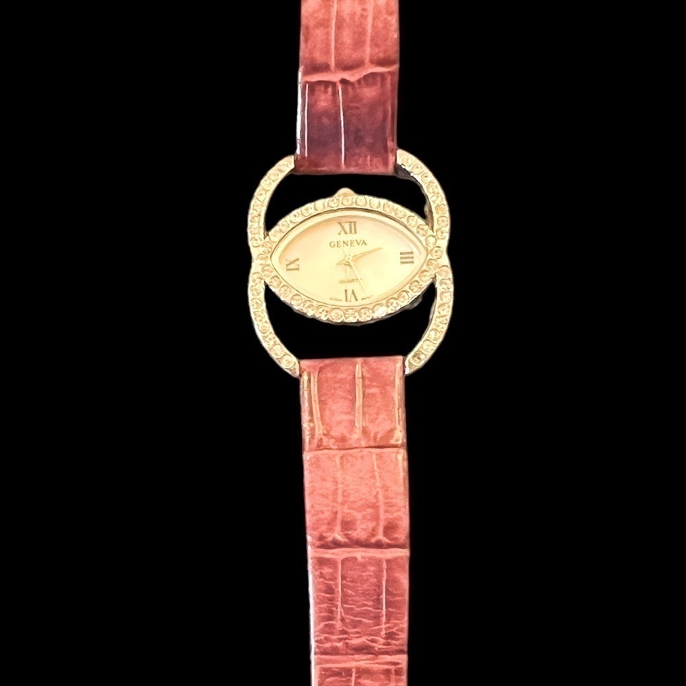 GENEVA rhinestone evening watch, purple leather strap. - Picture 2 of 7